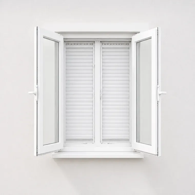 Zweiflügeliges PVC-Fenster in Weiß mit Rollladen – Visualisierung