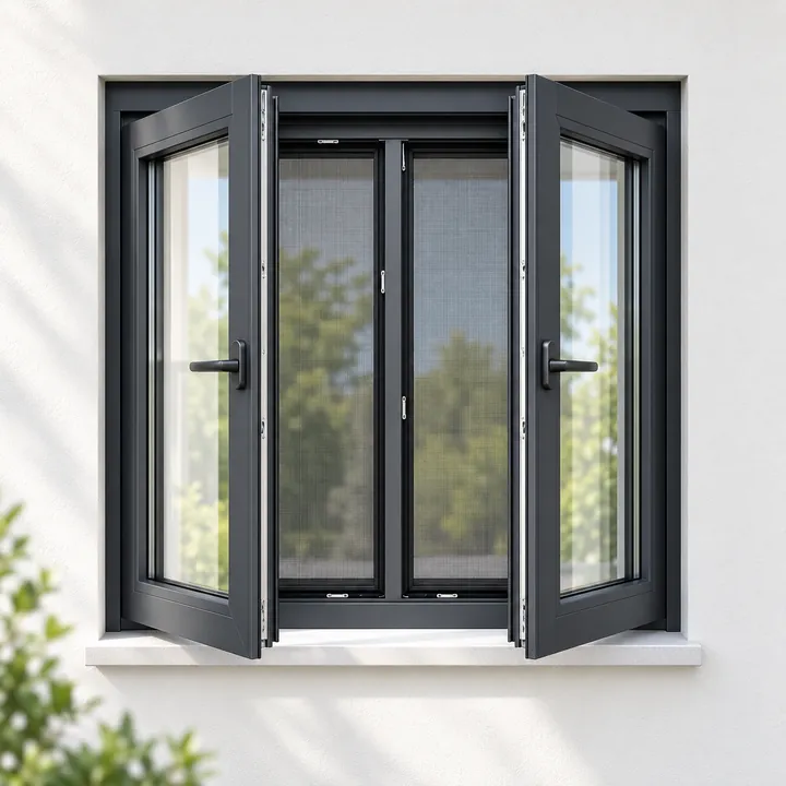 Anthrazitfarbenes PVC-Fenster mit Insektenschutz – Visualisierung