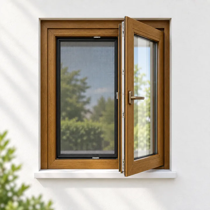 PVC-Fenster in Holzdekor mit Insektenschutz – Visualisierung