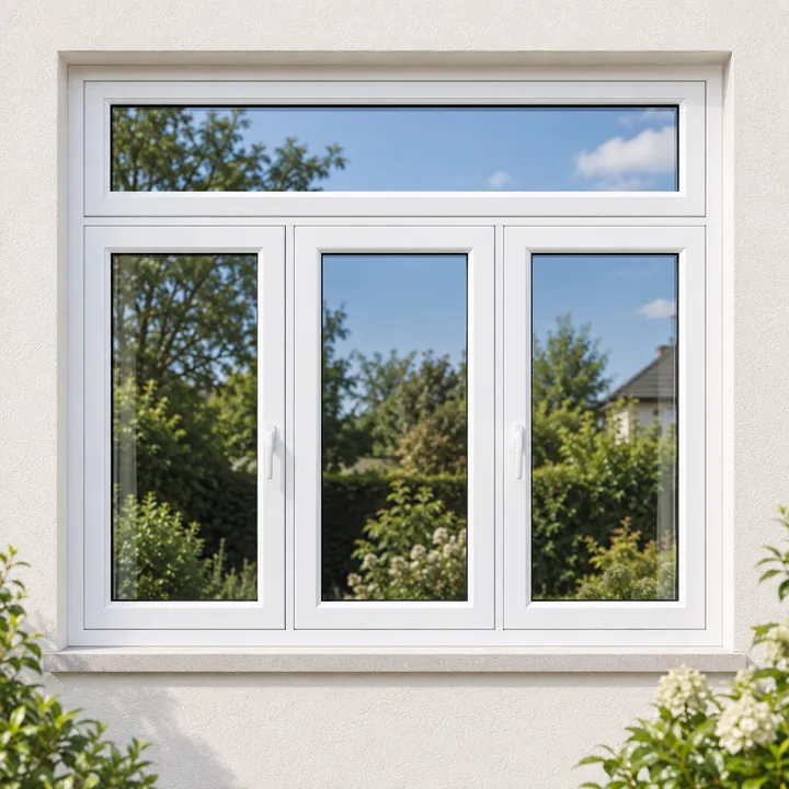 Weißes PVC-Fenster mit Oberlicht und drei Feldern – Visualisierung
